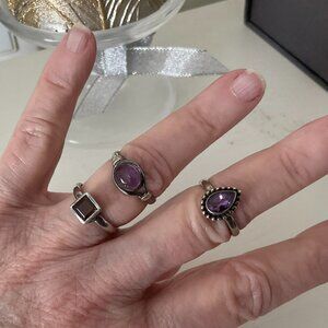 3 amethyst and purple stones and 925 sterling silver rings